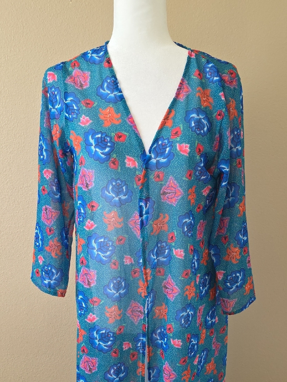 Solkissed Blue Floral Printed Barcelona Kimono Coverup Beach Vacation Coastal - Picture 2 of 6